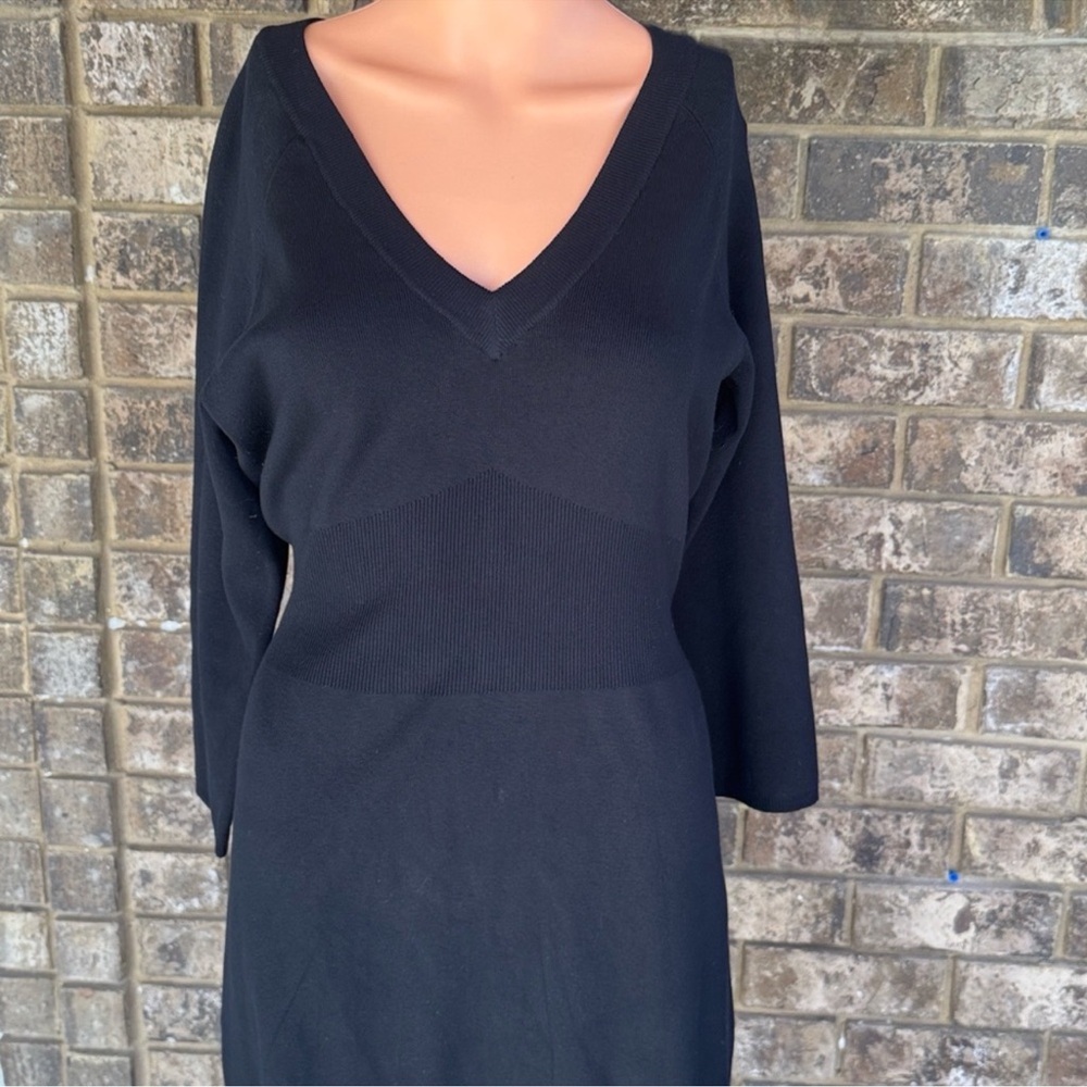 Kenneth Cole Black Silk Blend Sweater Dress Bodycon V Neck Knit L - Picture 3 of 7